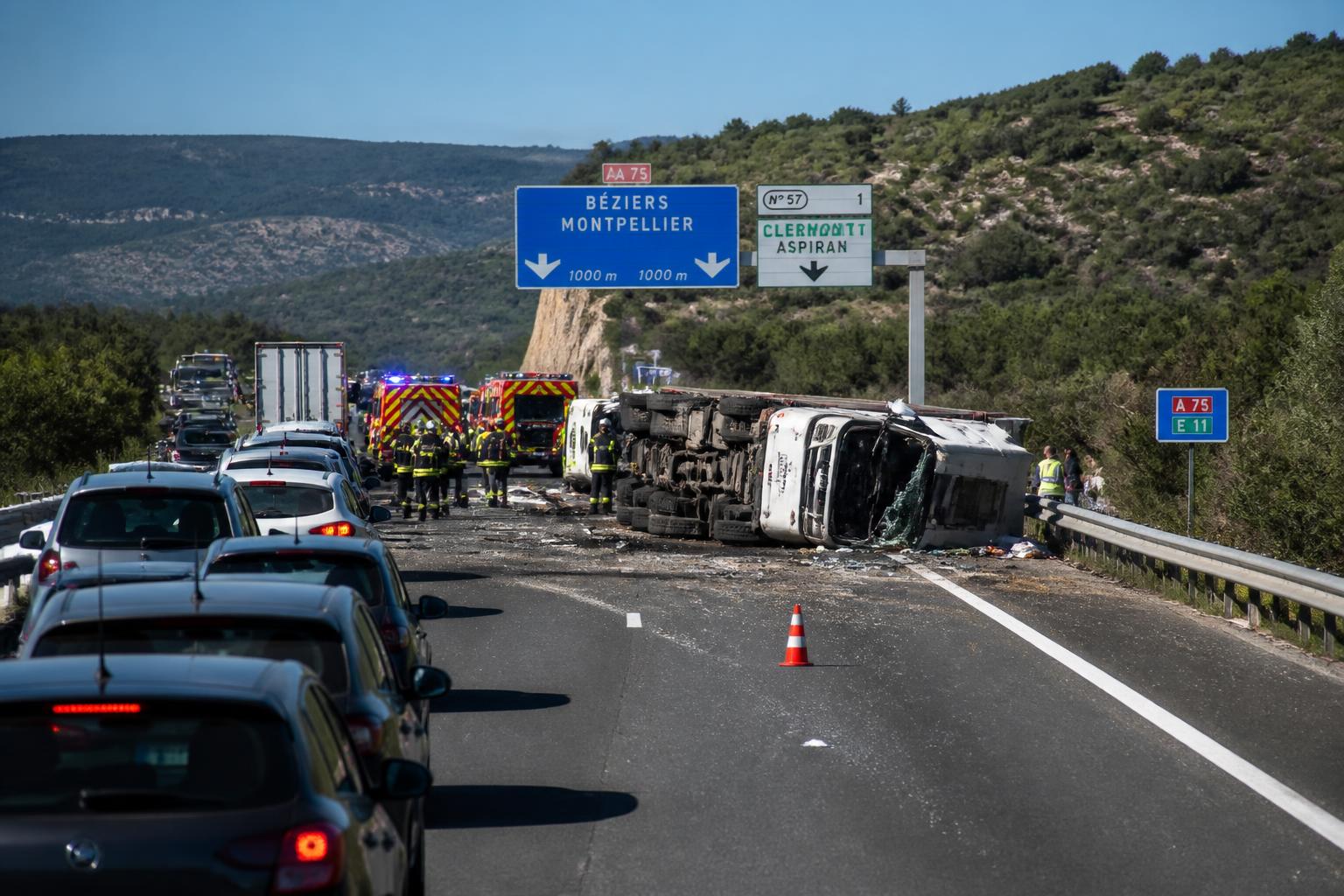 découvrez les photos d'un spectaculaire accident de camion qui a bloqué la circulation sur l'autoroute a75 dans l'hérault, provoquant d'importants embouteillages et perturbations.
