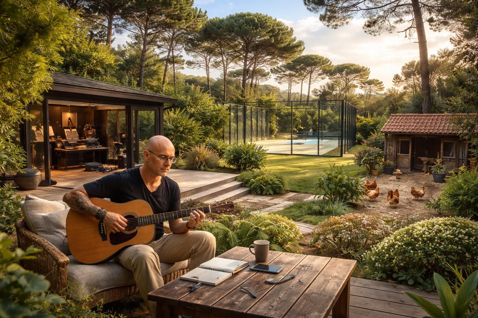 découvrez le refuge créatif et serein de pascal obispo au cap-ferret, un havre de paix unique combinant studio de musique, court de padel et poulailler, idéal pour allier détente et inspiration.