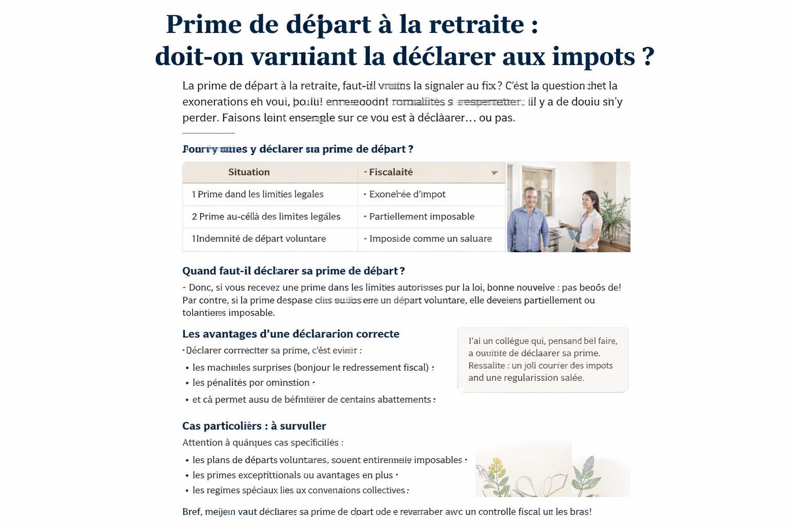 découvrez si la prime de départ à la retraite doit être déclarée aux impôts et quelles sont les règles fiscales à respecter pour éviter les mauvaises surprises.