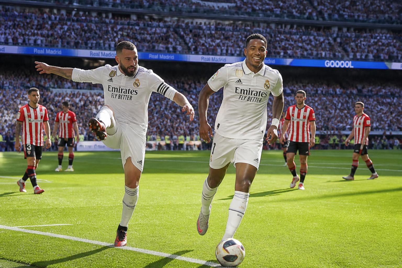 le real madrid s'impose 4-2 contre l'athletic club grâce à des performances éclatantes de carvajal et mbappé, clôturant ainsi la saison de liga sur une note joyeuse et victorieuse.