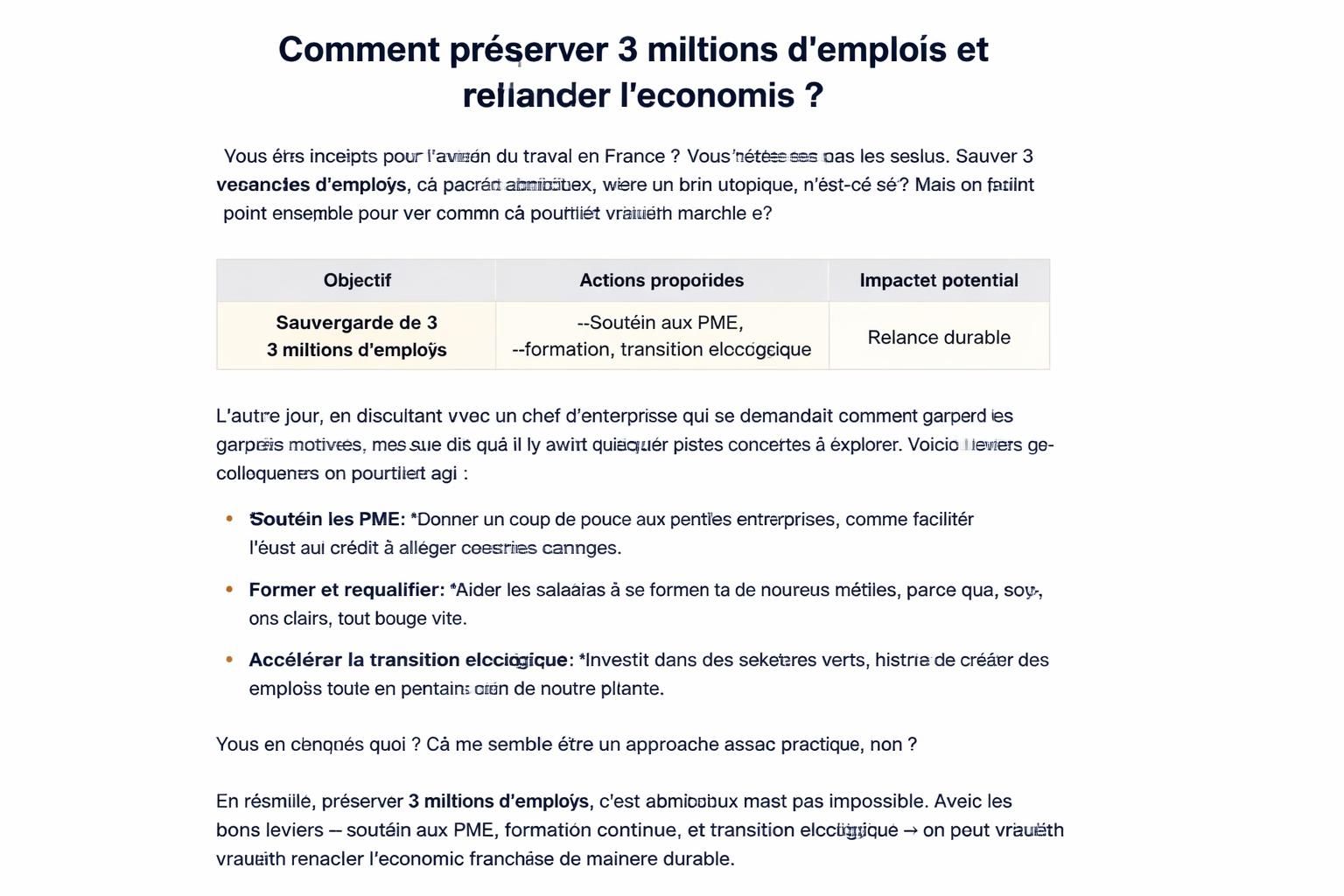 découvrez le plan ambitieux de serge papin visant à préserver 3 millions d'emplois et à stimuler la relance économique durable en france.