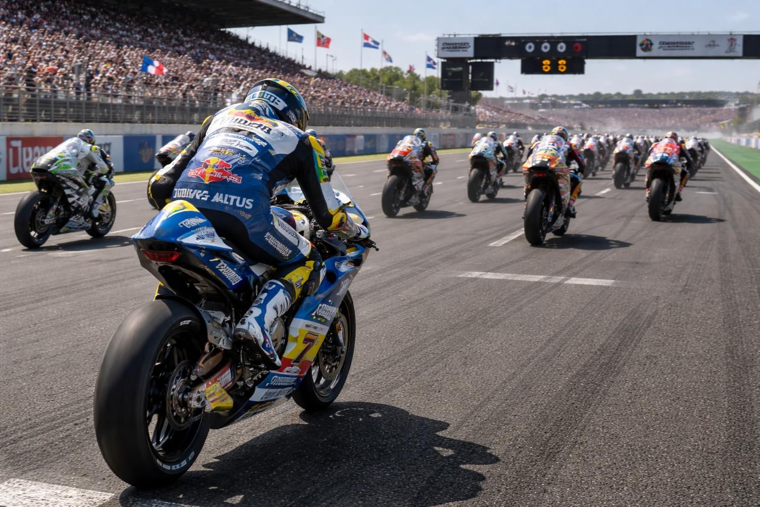 suivez en direct vidéo le départ de la moto3 au motogp france au mans avec baltus en action. retrouvez toutes les infos, l'absence de marquez et découvrez qui dominera la course passionnante.