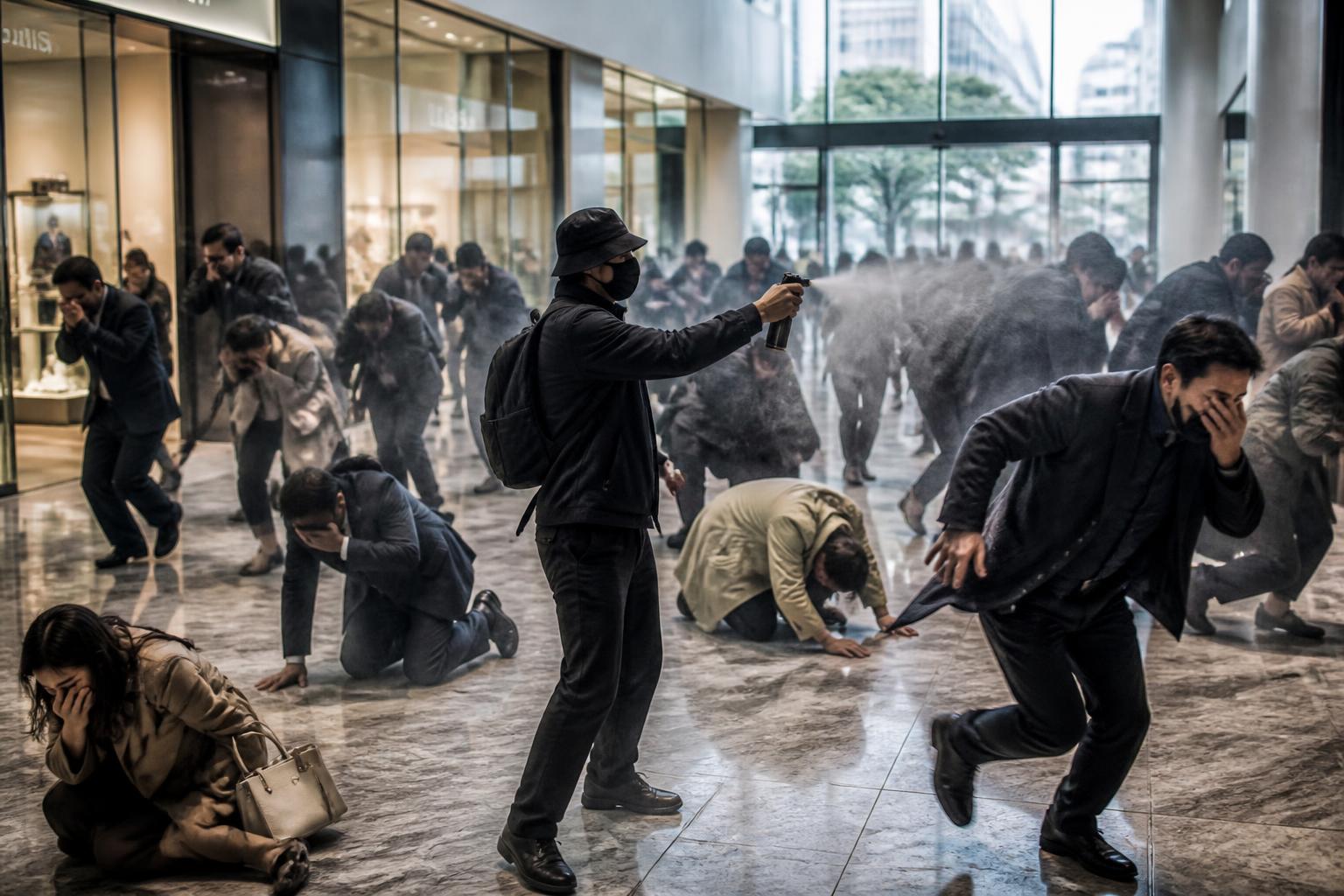 à tokyo, un homme a aspergé une substance mystérieuse dans un centre commercial haut de gamme, provoquant des blessures chez une vingtaine de personnes. enquête en cours sur cet incident inquiétant.