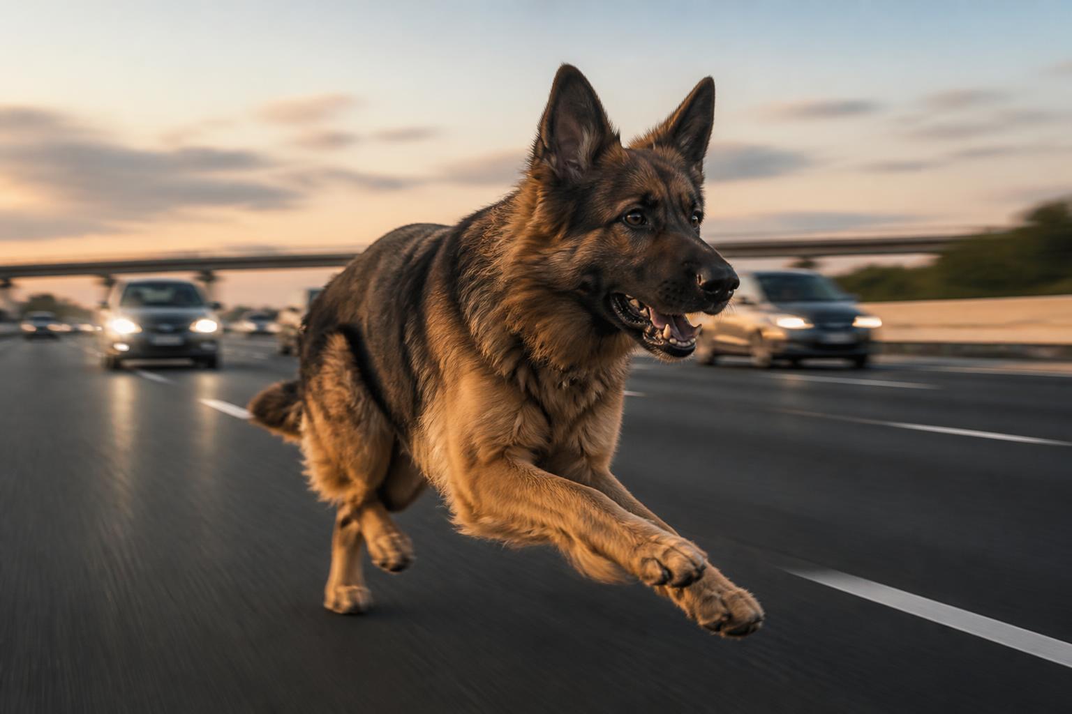 un chien s'évade sur l'autoroute en appelant son propre nom, créant une scène étonnante et pleine d'émotion.