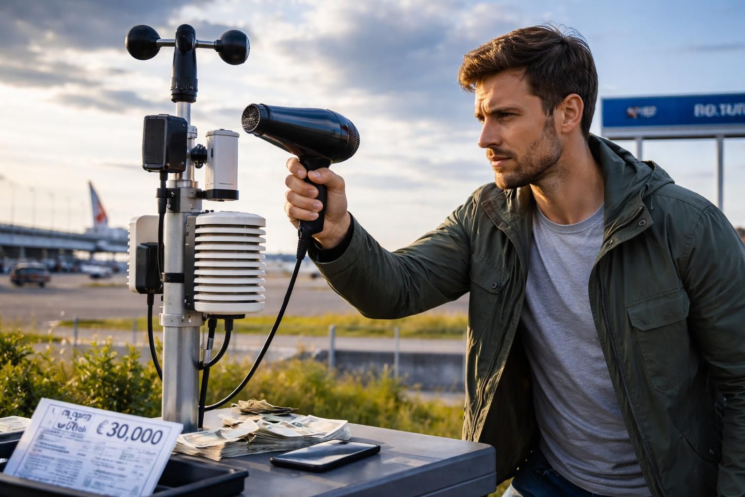 un parieur ingénieux utilise un sèche-cheveux pour manipuler la station météo de roissy et gagne 30 000 euros grâce à ce stratagème surprenant.