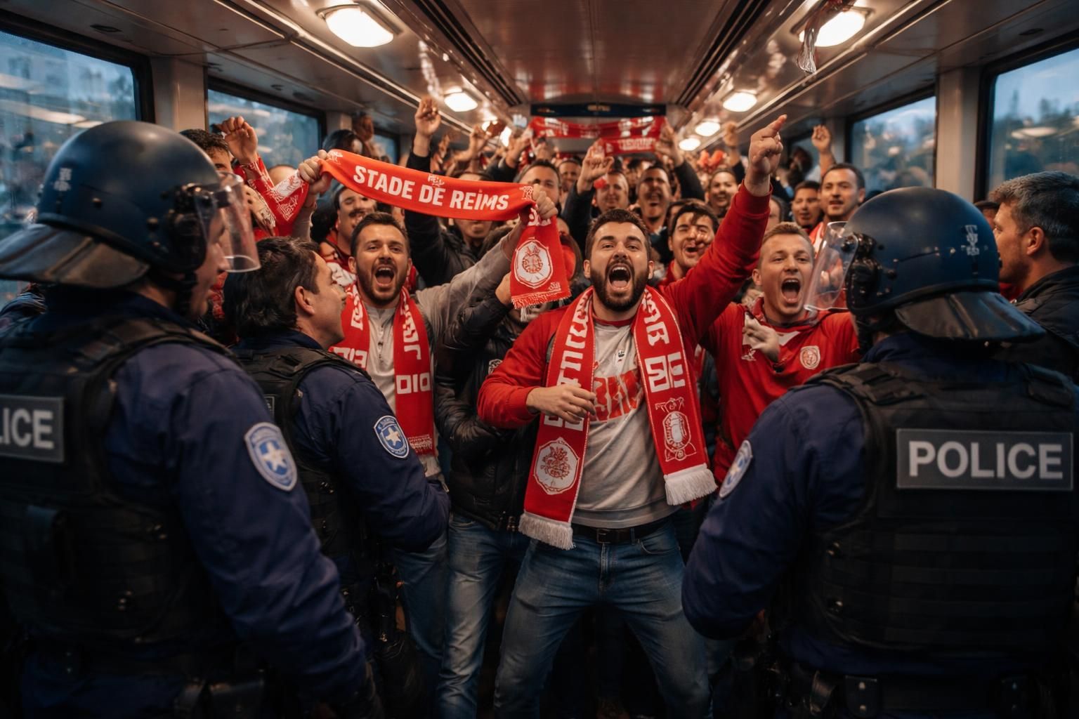 découvrez la vidéo du match le mans fc - reims où des supporters rémois bruyants, encadrés par la police, envahissent un tramway bondé, créant une ambiance intense et unique.