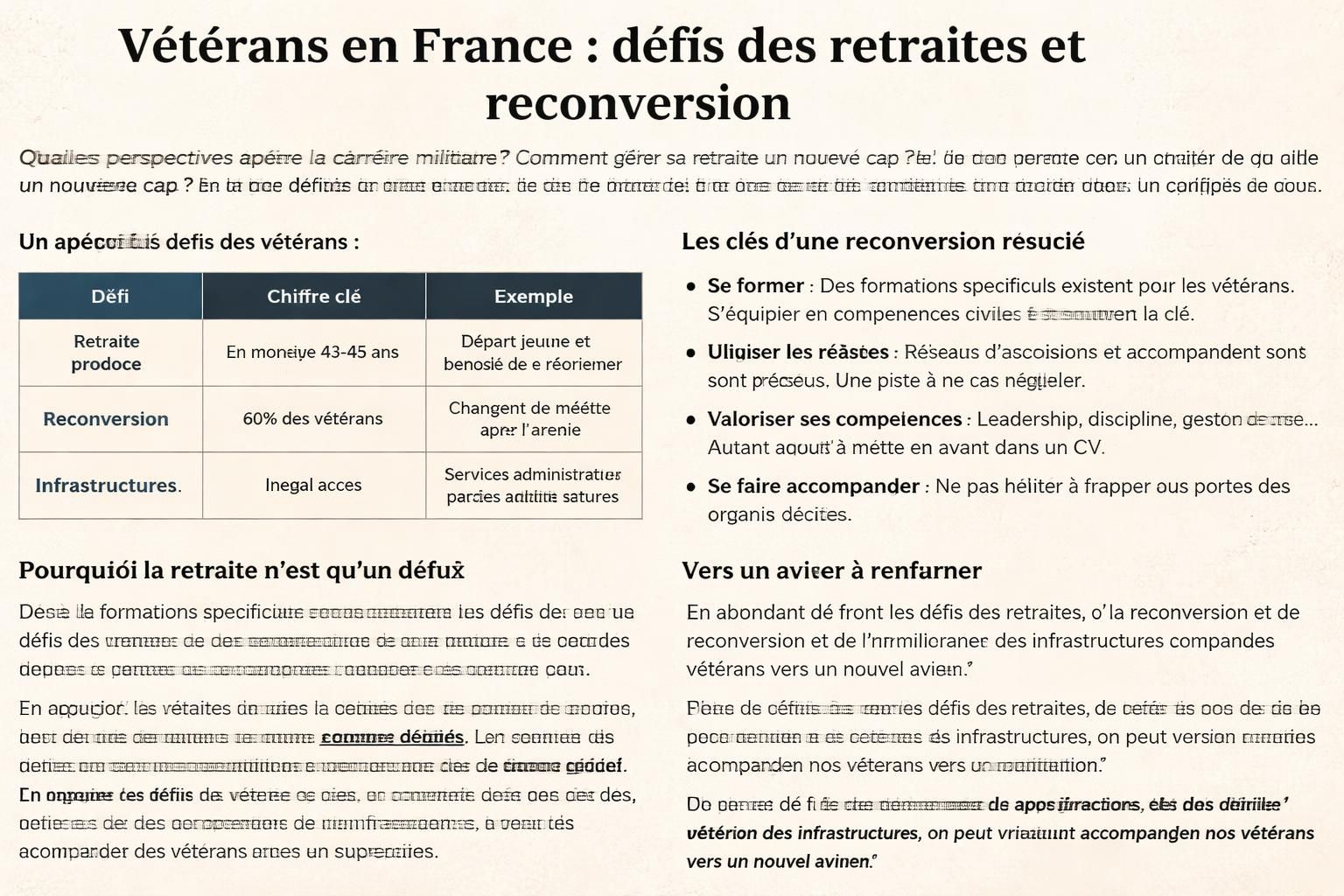 découvrez les défis majeurs des vétérans en france, incluant les enjeux des retraites, les opportunités de reconversion professionnelle et l'état des infrastructures dédiées.