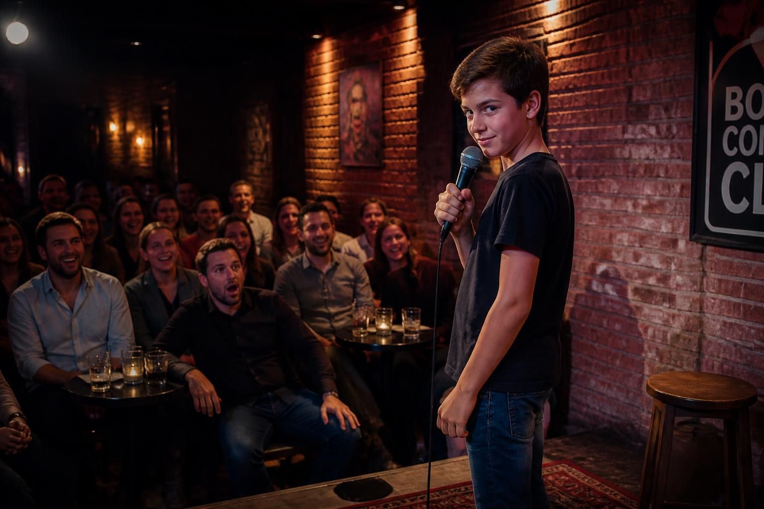 découvrez à 13 ans jules, fils de jean-marie bigard, qui séduit son premier public avec un humour audacieux et provocant. regardez la vidéo pleine de talent et d'énergie.