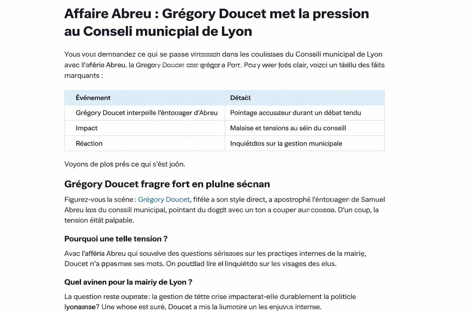 lors du conseil municipal de lyon, grégory doucet accuse l'entourage proche dans l'affaire abreu, suscitant un vif débat politique.