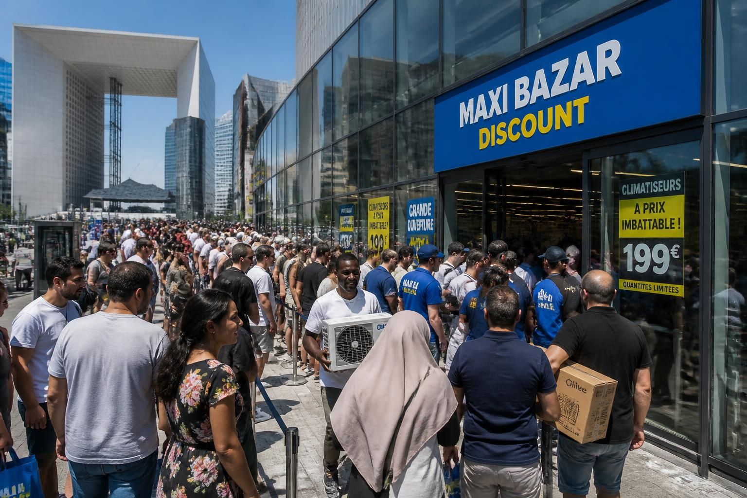 découvrez l'affluence exceptionnelle à la défense lors de l'ouverture d'une nouvelle enseigne discount et profitez de la grande vente de climatiseurs à prix réduits.
