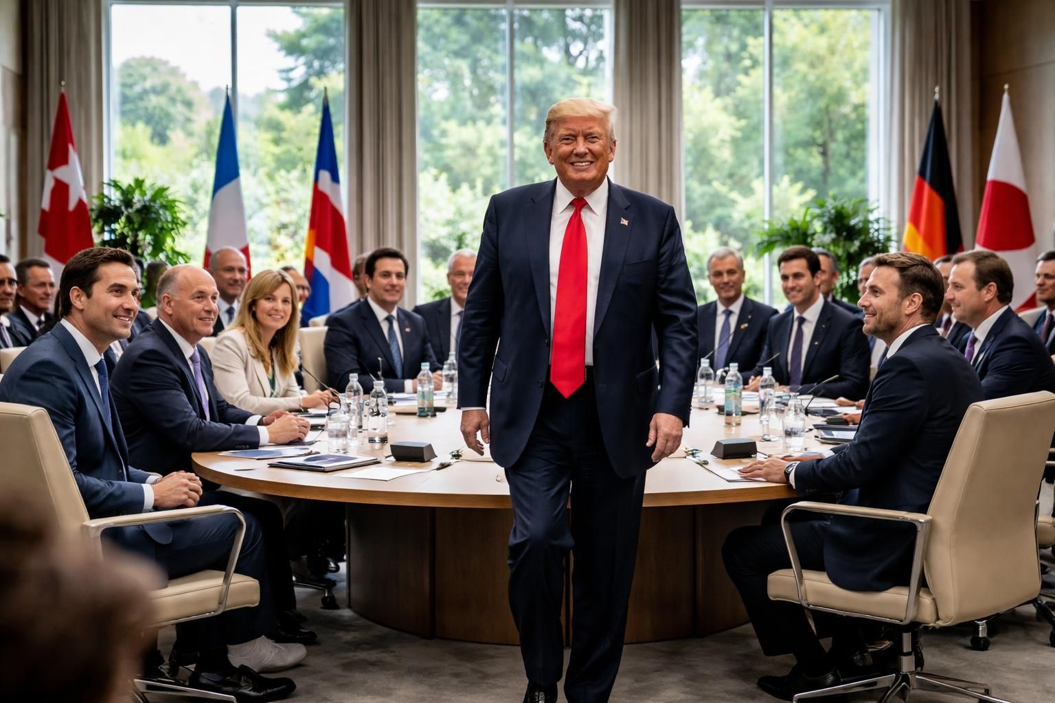 découvrez l'arrivée tardive mais souriante de donald trump au sommet du g7, affirmant sa position avec confiance sous le titre « c'est moi le chef ».