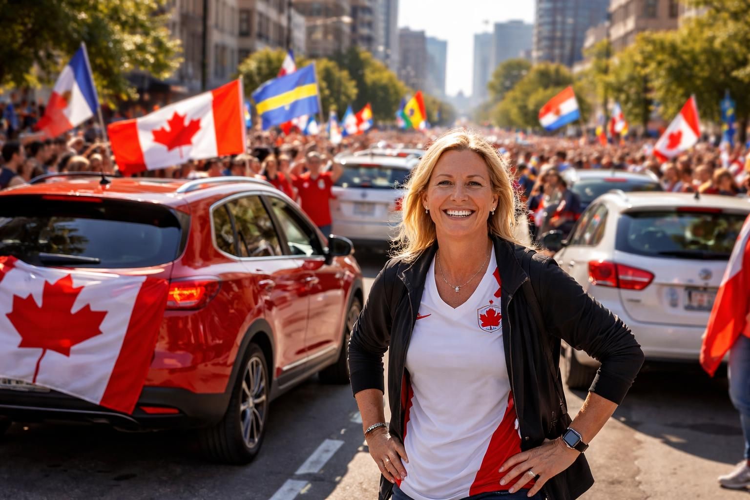 découvrez le témoignage de marinette pichon sur l'ambiance exceptionnelle au canada lors de la coupe du monde, avec des drapeaux flottant fièrement sur les voitures.