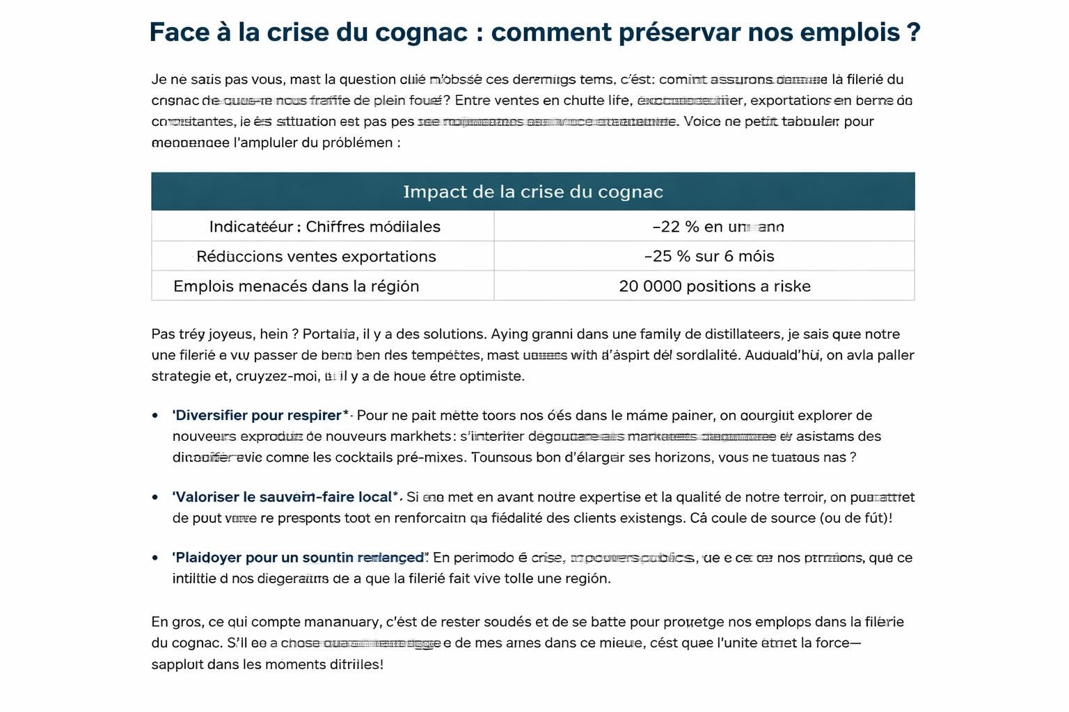 fo annonce un nouveau leader face à la crise du cognac et appelle à l'unité afin de protéger les emplois dans ce secteur stratégique.
