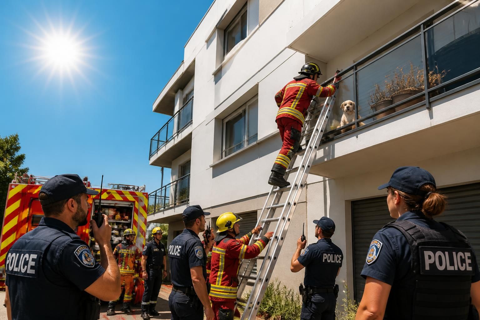 à dax, pompiers et policiers unissent leurs efforts pour secourir un chiot coincé sur un balcon lors d'une canicule, assurant sa sécurité malgré la chaleur extrême.