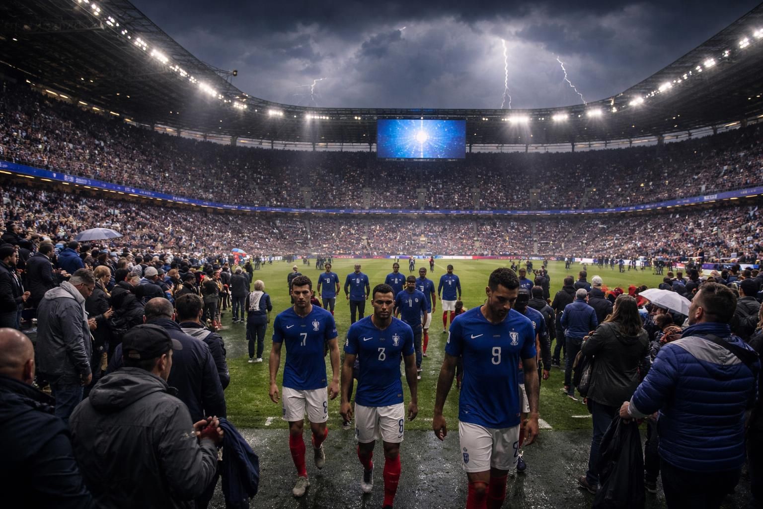 suivez en direct l'évacuation du stade france-irak suite à une alerte orage. les bleus, peu convaincants, restent tout de même leaders à la mi-temps.