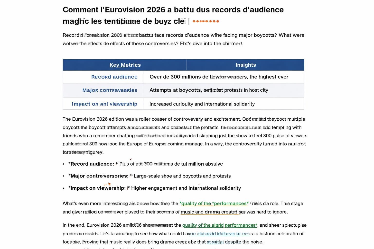eurovision 2026 : un record historique d'audience est atteint, malgré les tentatives de boycott qui n'ont pas découragé les fans à travers l'europe.