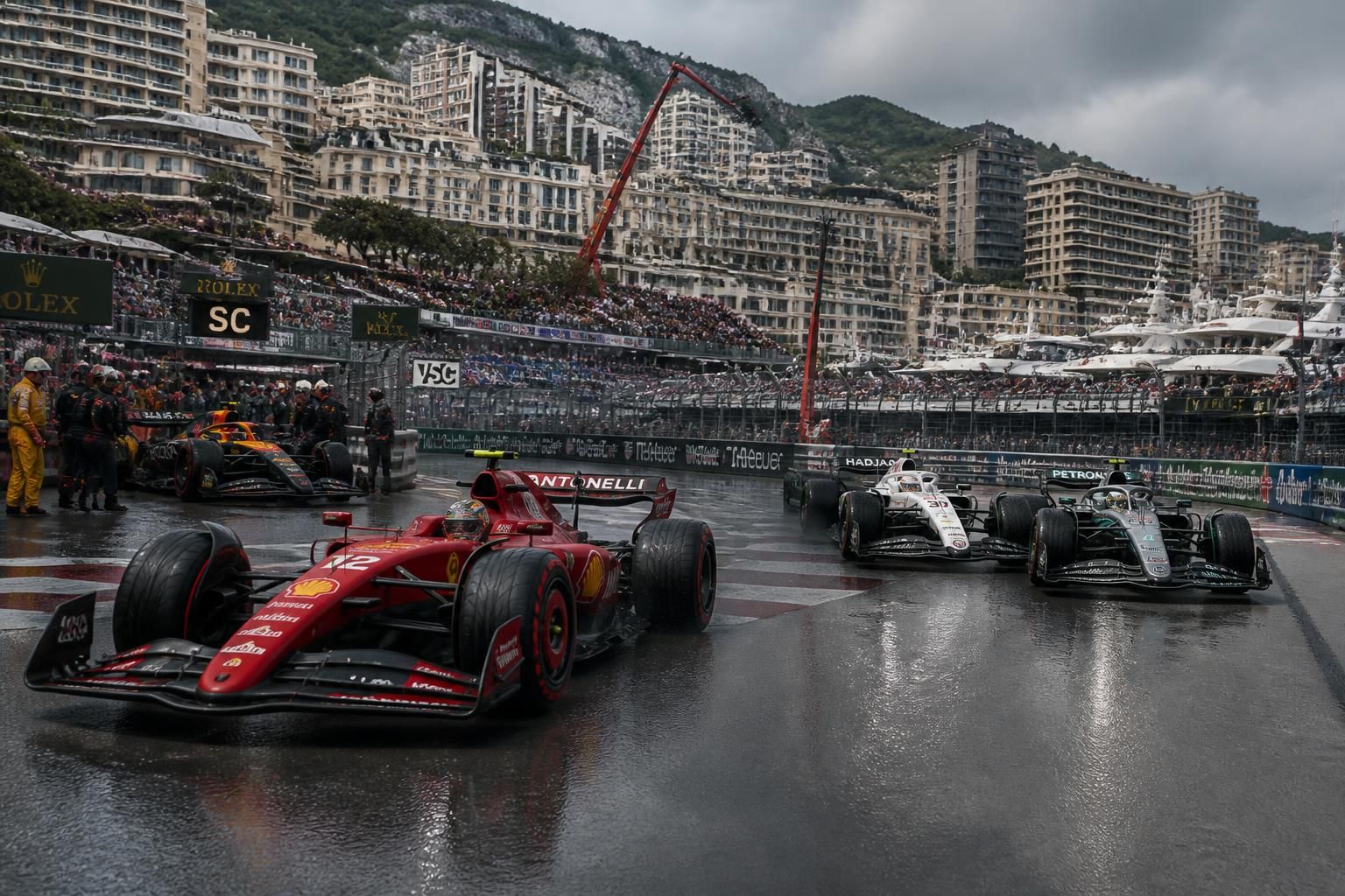 suivez en direct le gp de monaco de f1 avec antonelli en tête, l'abandon de verstappen et une bataille intense entre hadjar et russell pour le podium.