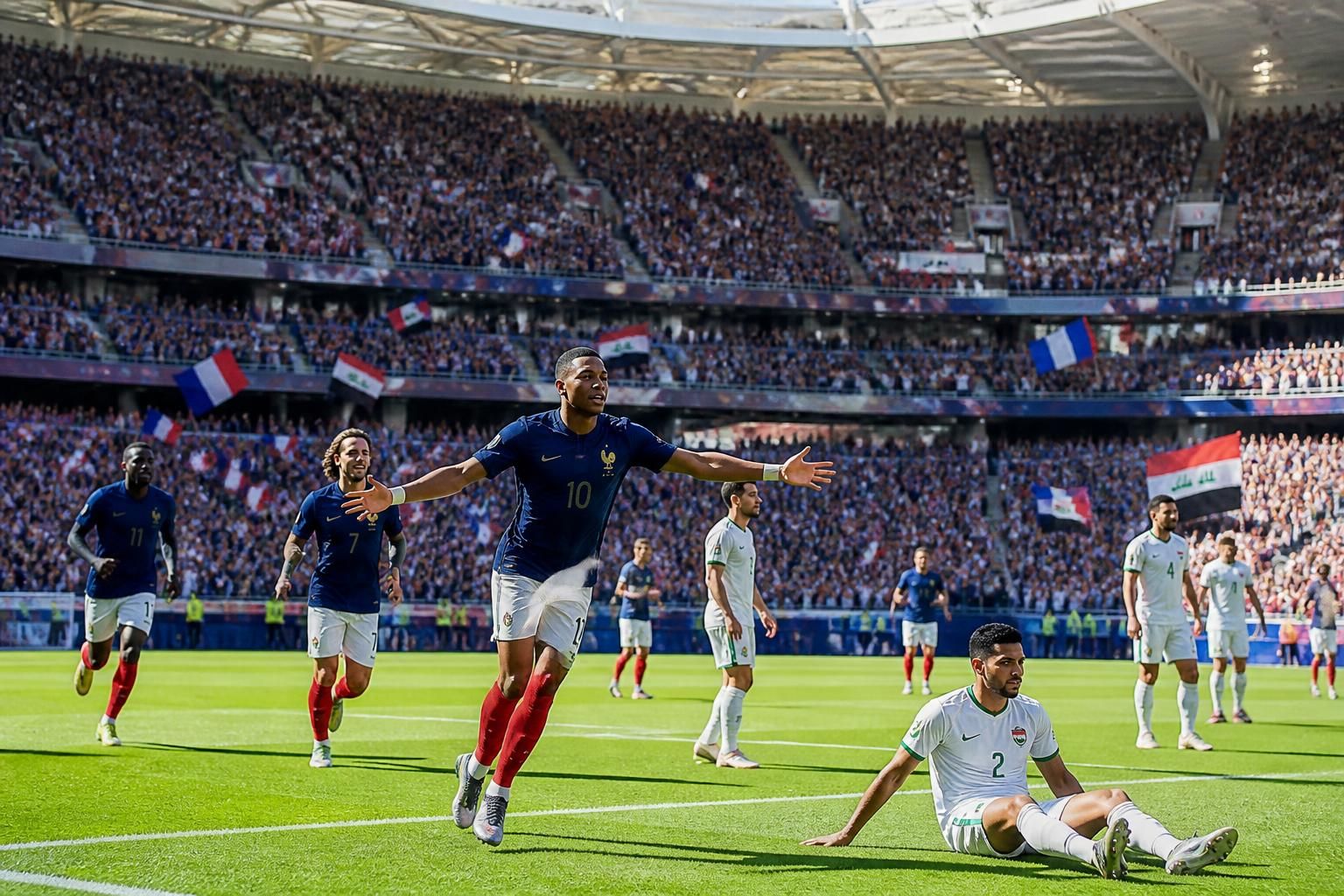 suivez le match france vs irak en direct avec les bleus en tête 1-0 à la mi-temps. analyse et temps forts du premier acte.