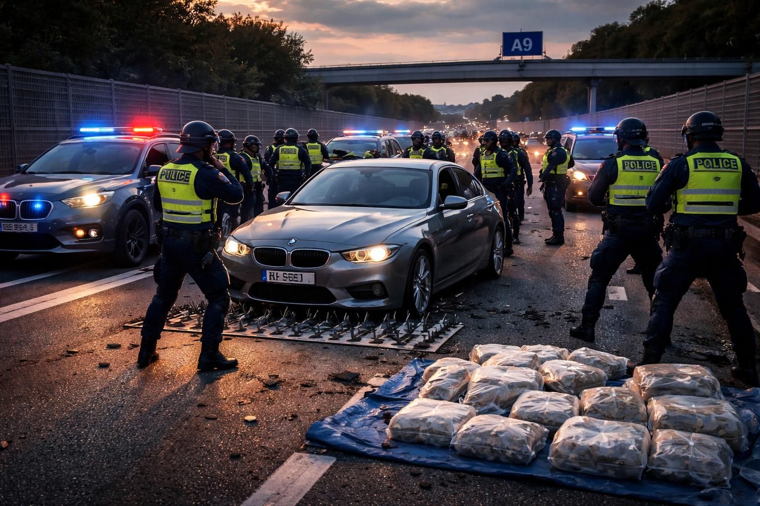 une interpellation spectaculaire sur l'a9 : un véhicule volé immobilisé grâce à une herse, près de 40 kg de drogue saisis lors de l'opération.