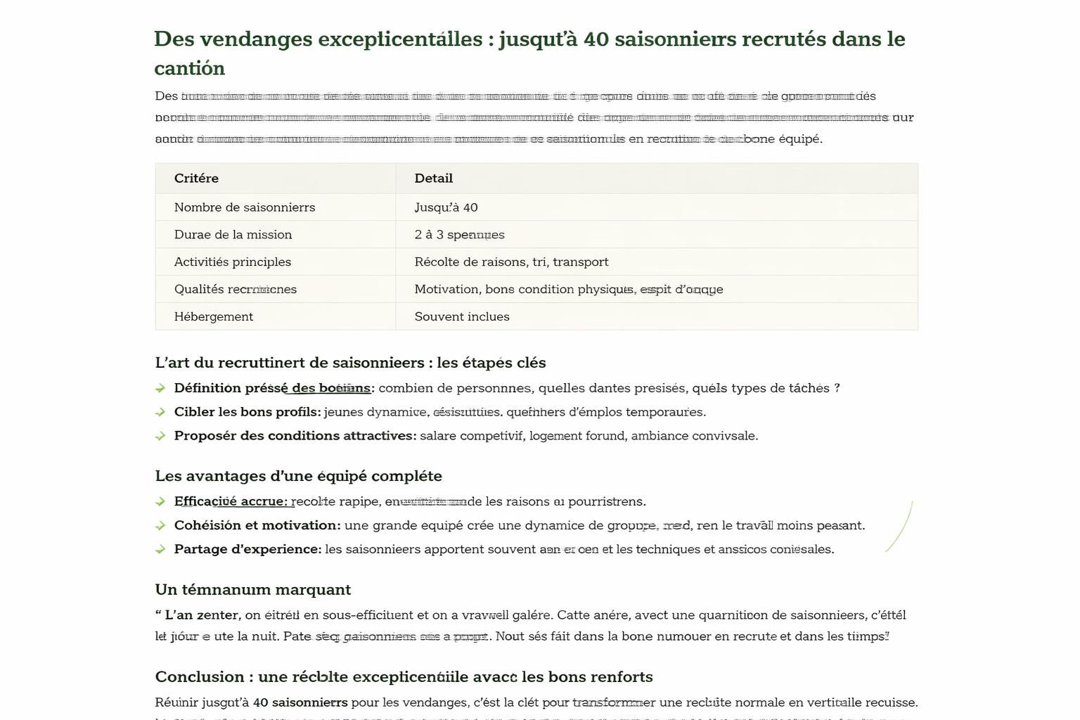 recrutement de jusqu'à 40 saisonniers dans ce canton pour une vendange exceptionnelle, offrant une opportunité unique de participer à la récolte locale.