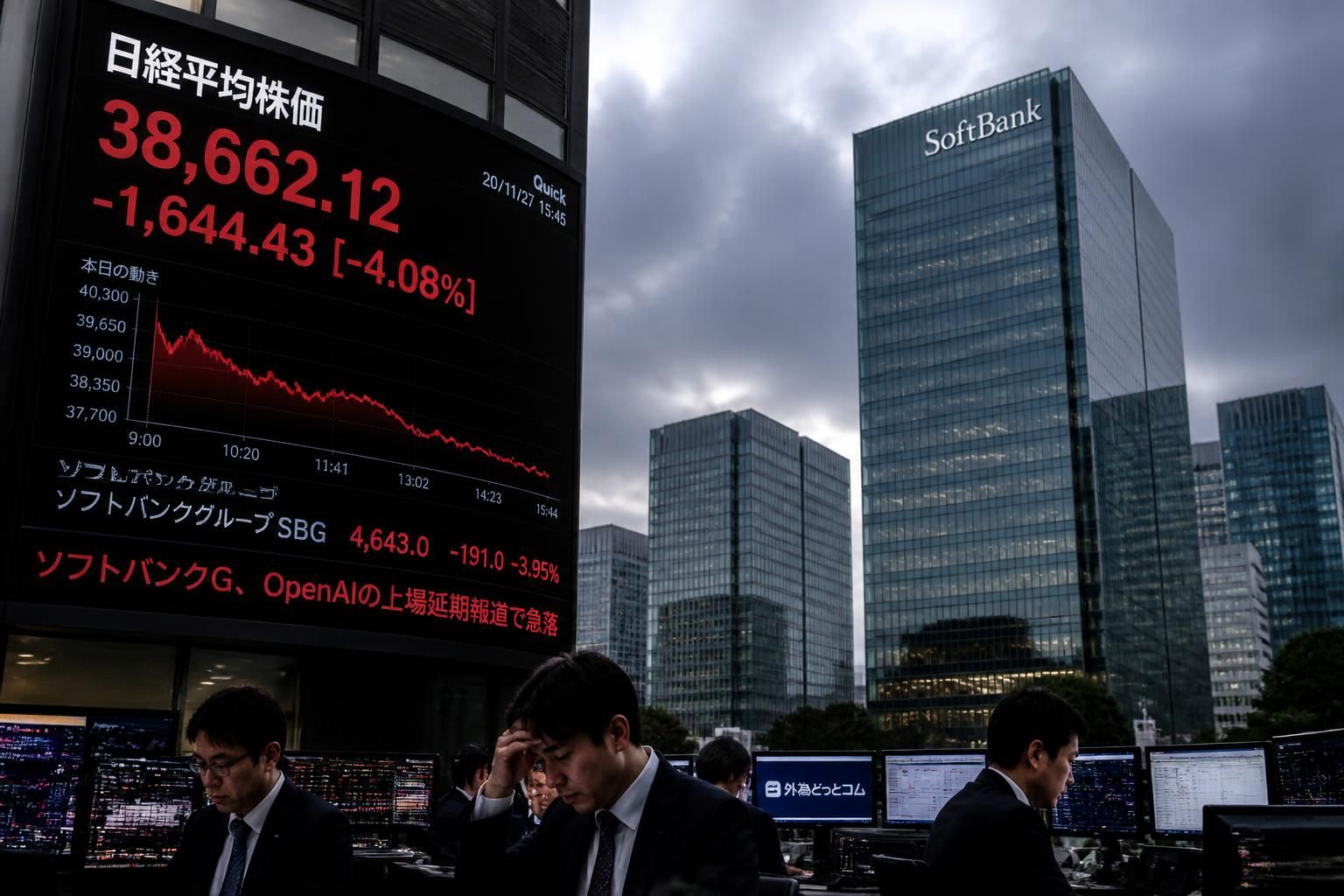 le nikkei chute de 4 % à la clôture, impacté par la forte baisse de softbank suite aux rumeurs de report de l'introduction en bourse d'openai, selon zonebourse suisse.