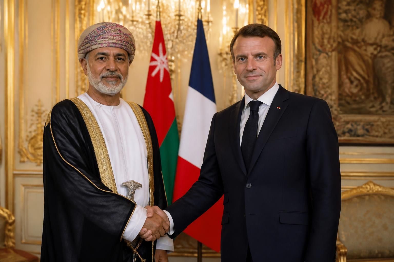 le sultan d’oman en visite officielle en france rencontre emmanuel macron pour renforcer les relations diplomatiques entre les deux pays. découvrez les détails de cette visite historique sur histoires royales.