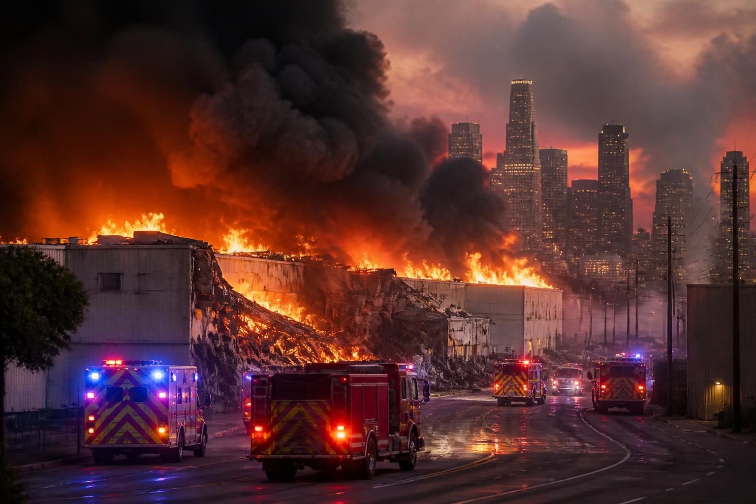 los angeles en état d'urgence suite à l'explosion massive d'un entrepôt de surgelés de plus de 46 000 m², provoquant un incendie géant et une épaisse fumée sur la ville.