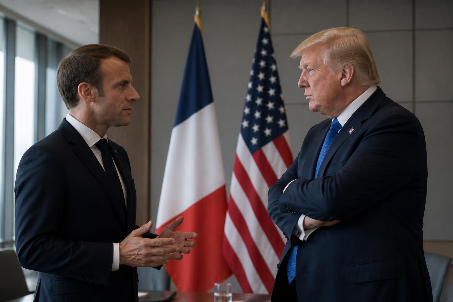 macron assure un dialogue respectueux mais ferme avec trump, condamnant les menaces répétées de droits de douane jusqu'à 100% contre la france, pour défendre les intérêts français.