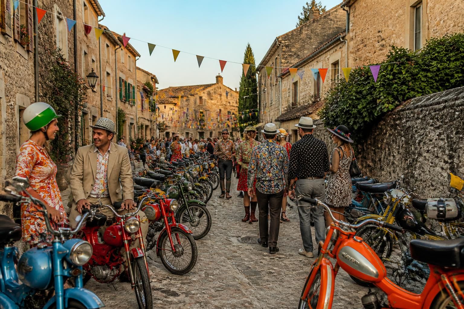 découvrez monteton transformé avec 30 mobylettes vintage envahissant ce village unique de france pour une fête du chapeau inoubliable alliant tradition et originalité.