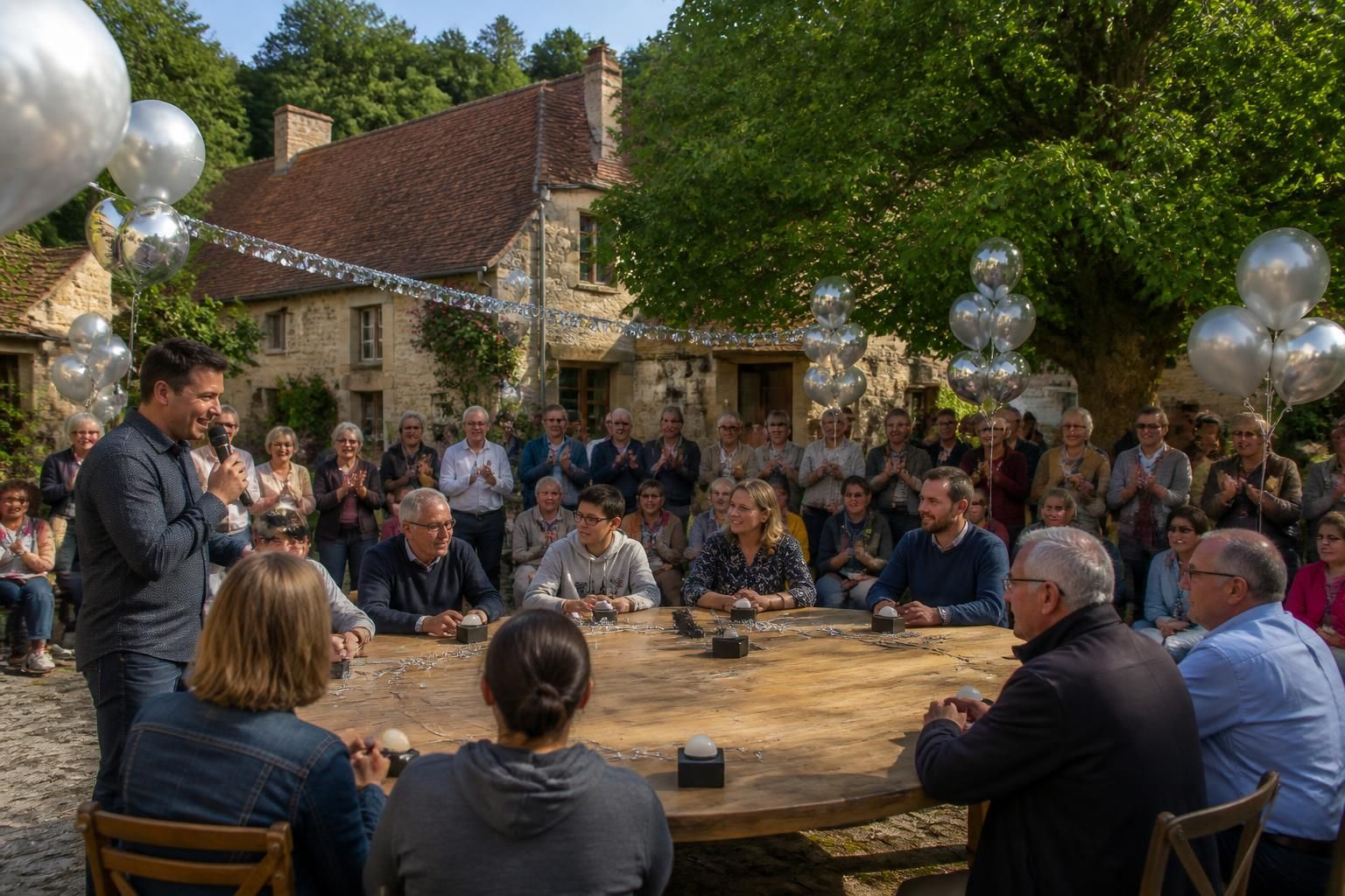 célébrez les 25 ans du club local de questions pour un champion à saint-privat-en-périgord avec un jubilé d'argent festif et riche en émotions.