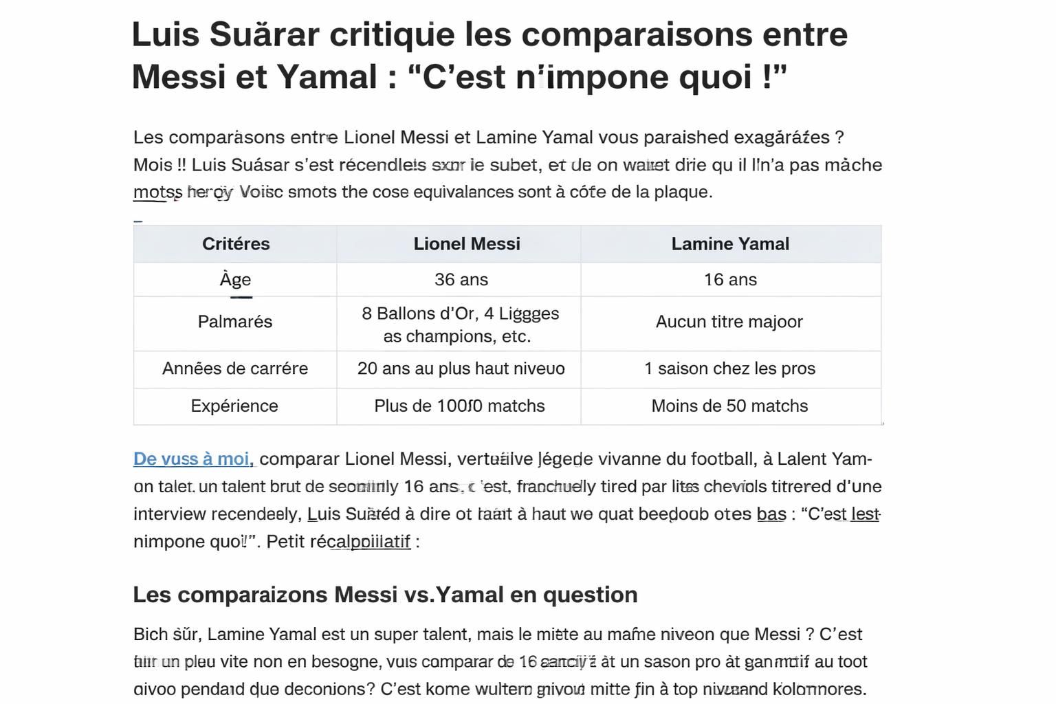 suarez critique vivement les comparaisons entre messi et lamine yamal, qualifiant cette démarche de détestable dans une interview exclusive sur sport 365.