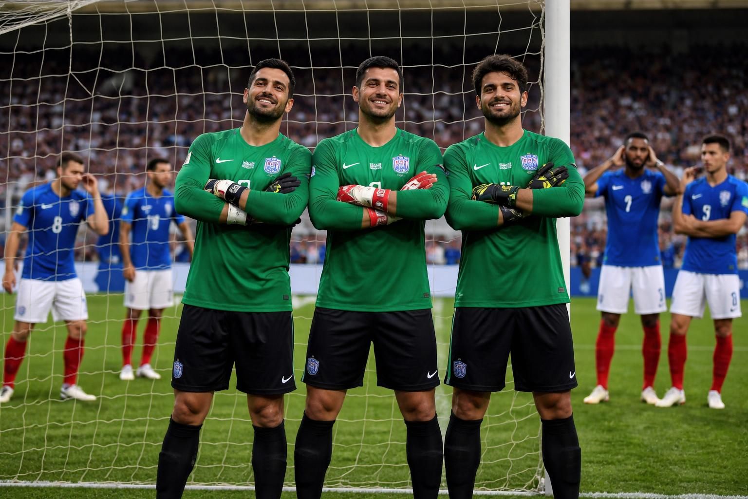 l’entraîneur irakien commente avec humour l’offensive des bleus en évoquant la présence de trois gardiens sur le terrain lors du match.