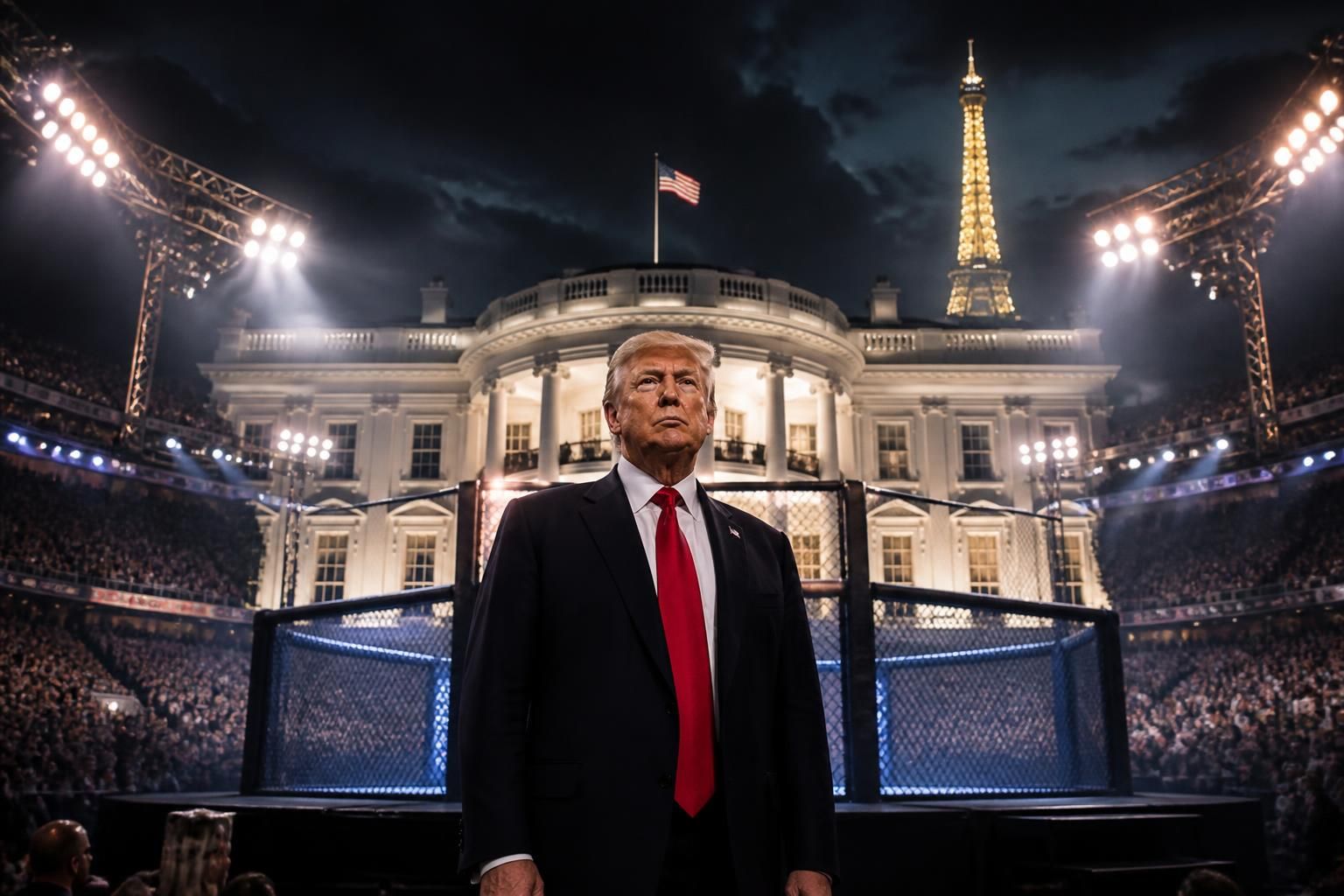 trump compare la maison-blanche à une arène mêlant l'intensité de l'ufc et l'emblème parisien de la tour eiffel, suggérant qu'elle pourrait devenir un symbole permanent.