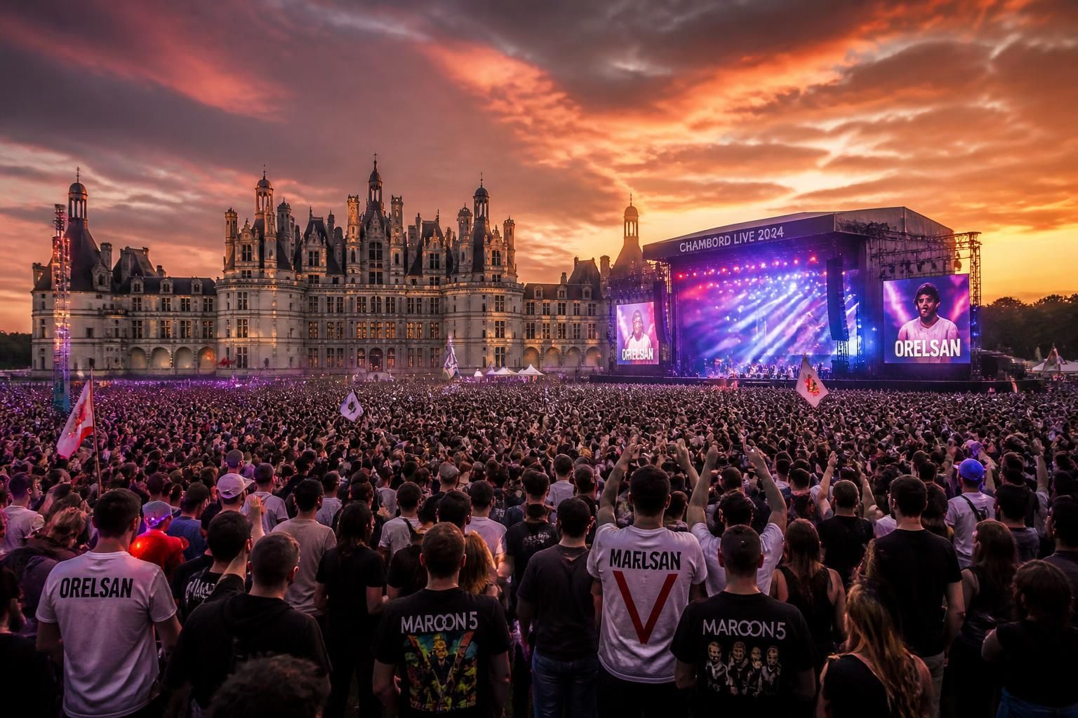 vivez un week-end exceptionnel à chambord avec 90 000 spectateurs attendus pour les concerts grandioses d'orelsan et maroon 5. ne manquez pas cet événement musical unique dans un cadre majestueux.