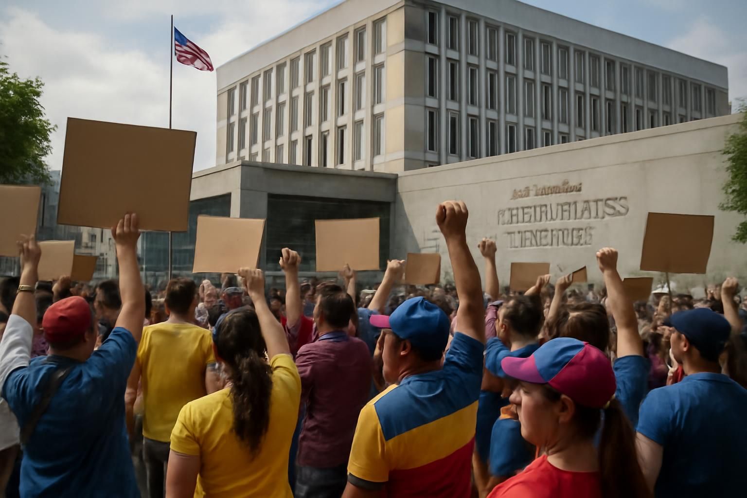 mobilisation devant l'ambassade américaine au venezuela pour réclamer une augmentation des salaires et défendre les droits des travailleurs.
