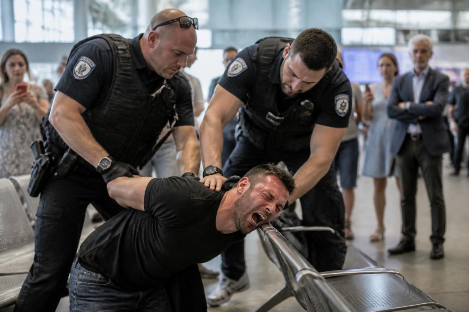 à l'aéroport de marignane, un passager refuse d'embarquer, se frappe la tête contre un siège et s'oppose violemment aux policiers, provoquant une intervention des forces de l'ordre.