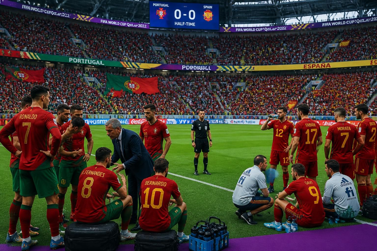 suivez le résumé de la coupe du monde avec le portugal et l'espagne à égalité 0-0 à la mi-temps, un match intense et disputé.