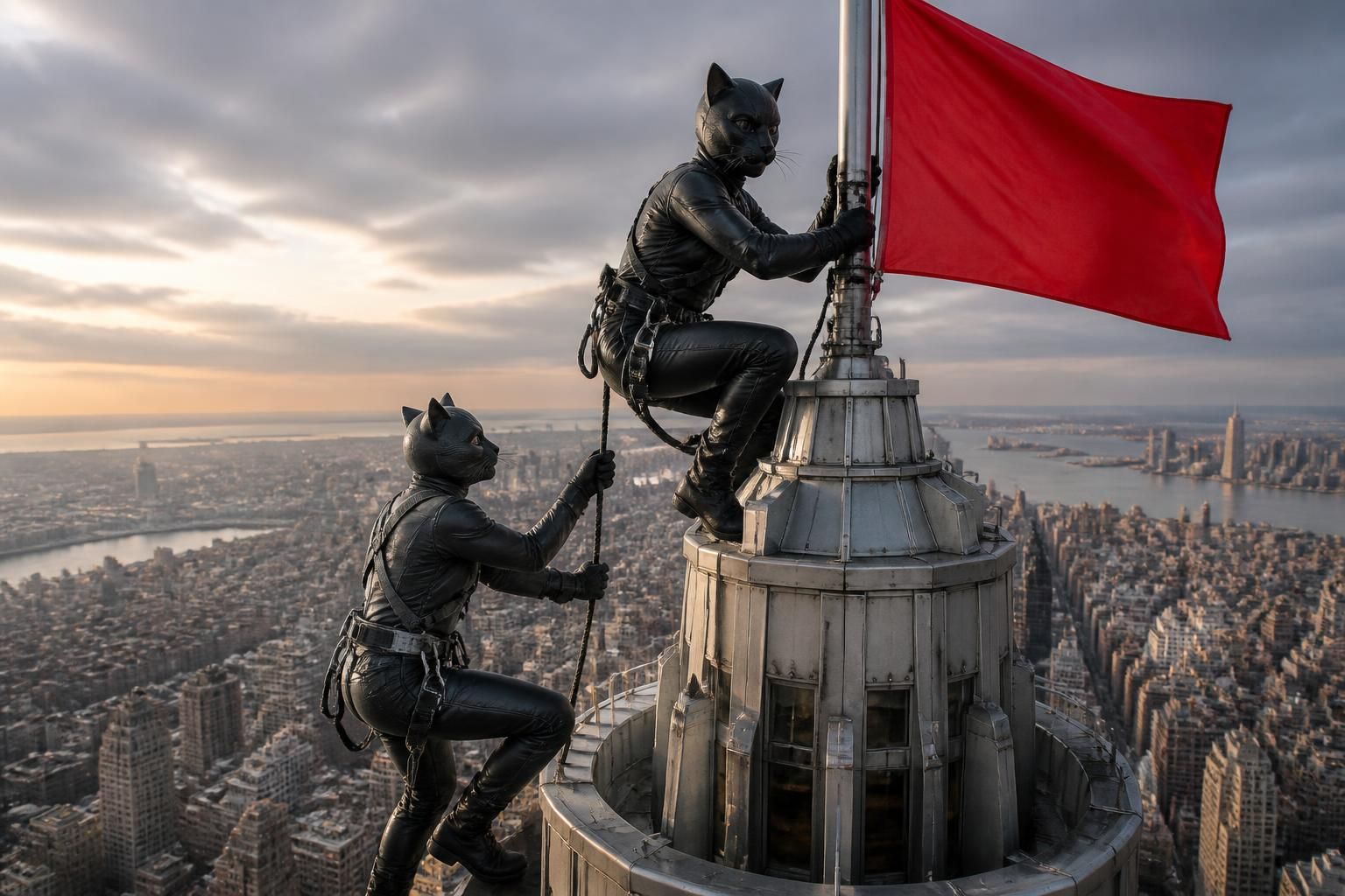 découvrez l'incroyable aventure de deux individus déguisés en chats qui escaladent l'empire state building pour y planter un drapeau mystérieux, mélange d'audace et de mystère au cœur de new york.
