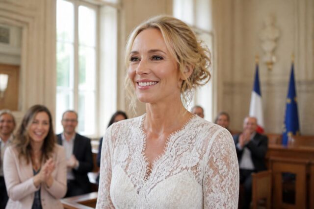 élodie gossuin célèbre un mariage surprise à la mairie, rayonnante dans une élégante robe de dentelle et un chignon improvisé, un moment intime et rempli d'émotion.