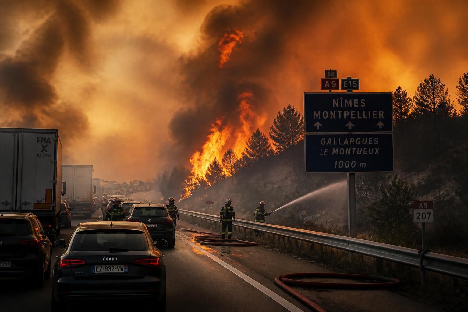 un incendie majeur dans le gard provoque la fermeture totale de l'autoroute a9 dans les deux sens, entraînant d'importants perturbations de la circulation et des mesures de sécurité renforcées.