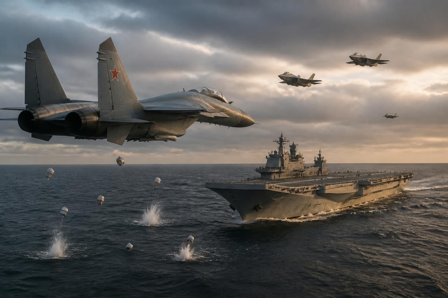 un avion russe survole à basse altitude un porte-avions britannique et déploie des bouées acoustiques avant d'être intercepté par des f-35 de la royal air force, illustrant une tension accrue en mer.
