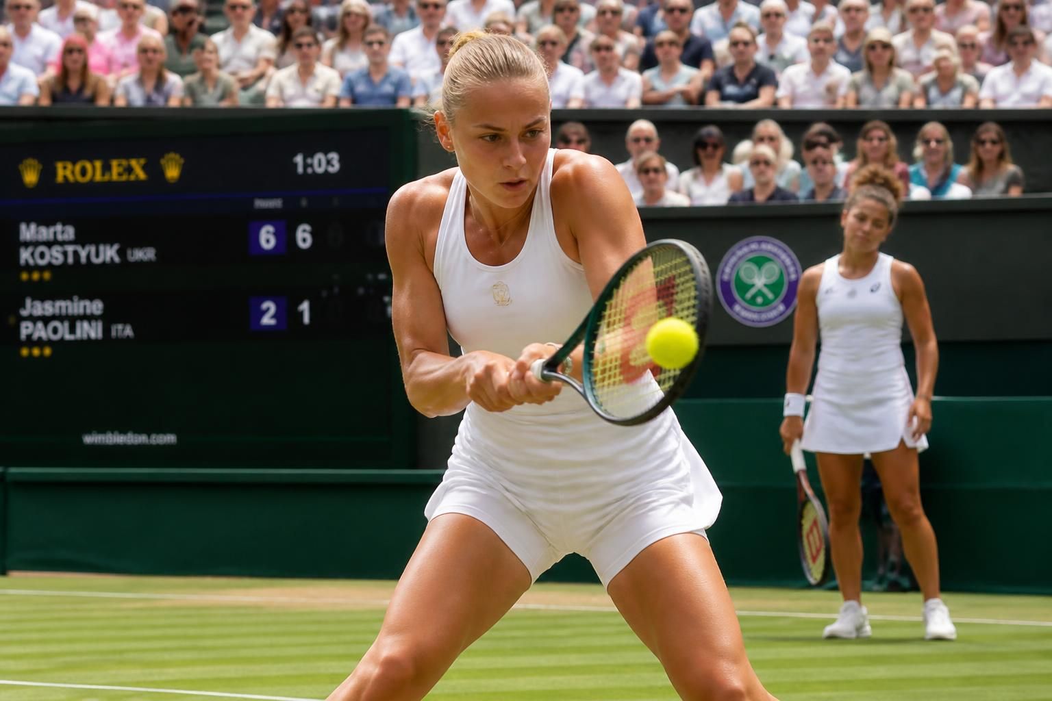 revivez la victoire rapide de kostyuk face à paolini en deux manches lors du tournoi de wimbledon féminin.
